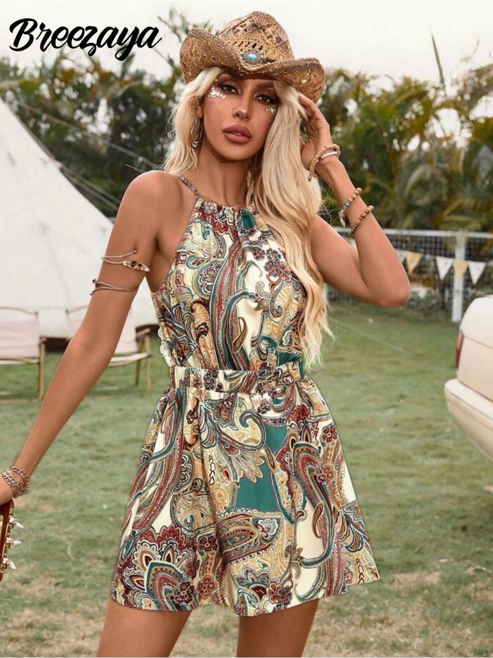 Green Paisley Halter Mini Dress